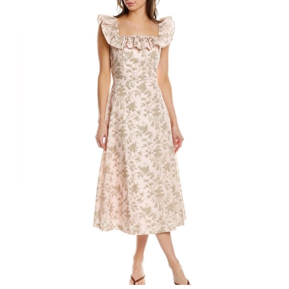 NWT Elie tahari linen Floral Ruffle Midi Dress - Pink and Cream